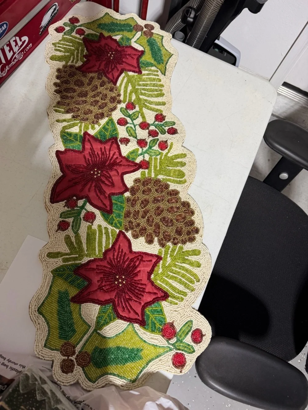 Festive Red Poinsettia Beaded Holiday Table Runner